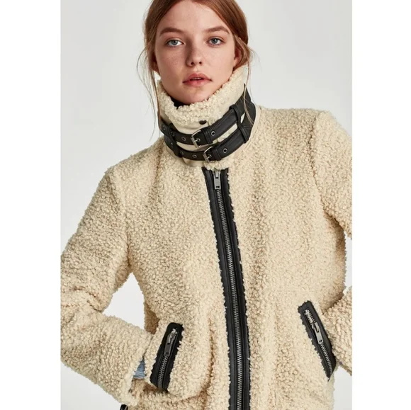 Zara Contrasting Faux Fur Shearling Jacket - Picture 3 of 13